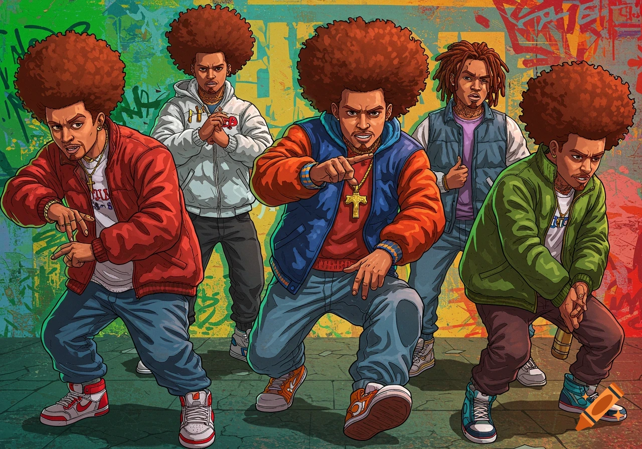 Five men with large afros in hip-hop style clothing posing in front of a graffiti background.