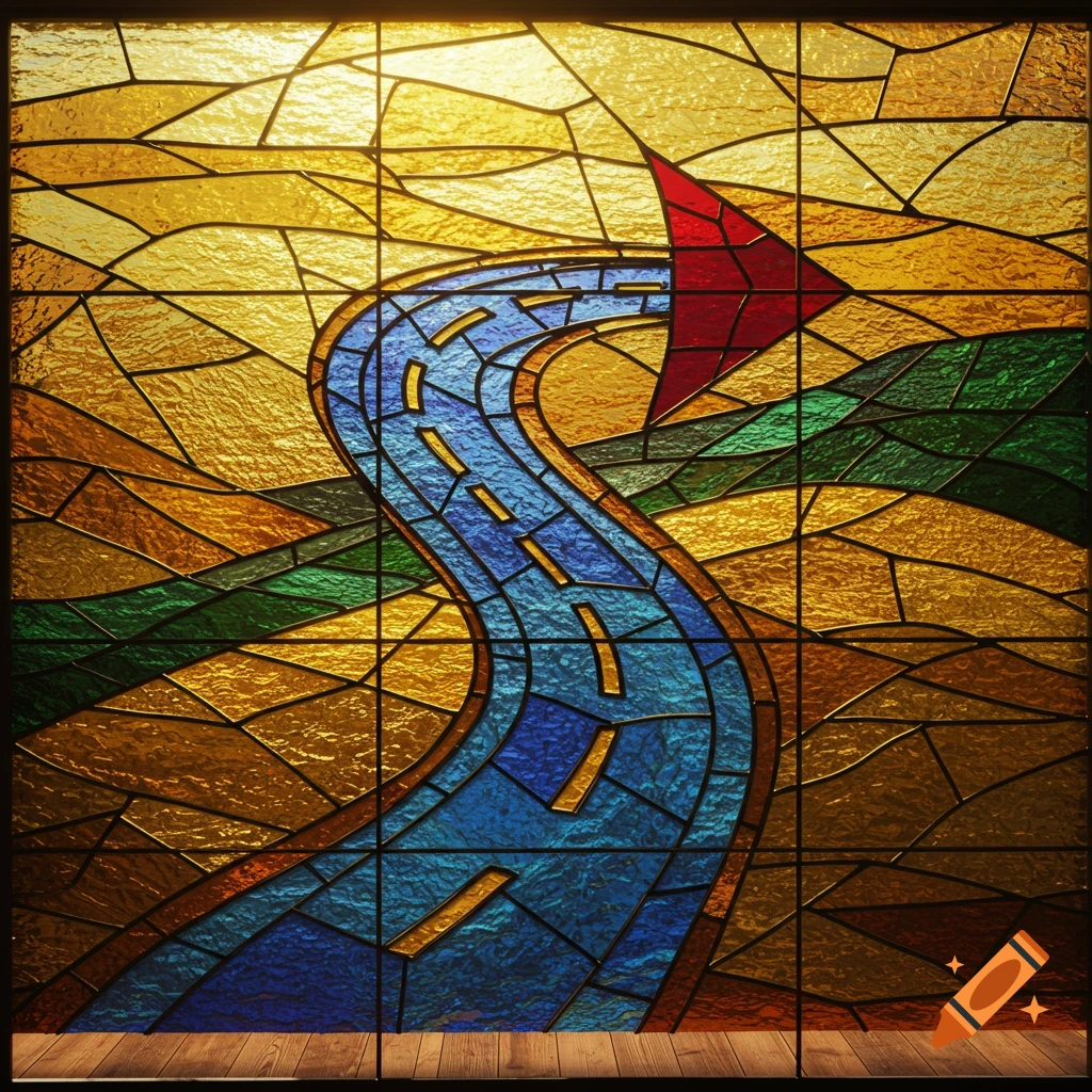 A stained glass window shows a curvy blue and yellow road turning into a red arrow.