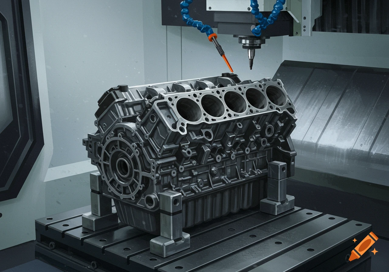 An engine block sits on a table beneath the cutting tool of a CNC machine in a workshop.