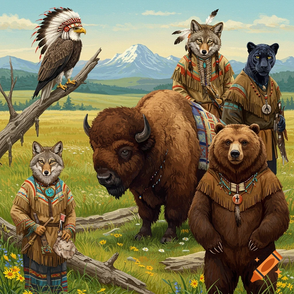 Painting of anthropomorphic animals in Native American attire: eagle, coyotes, bear, buffalo in a landscape.