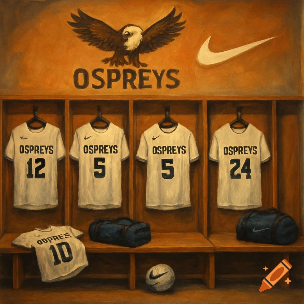 A stylized painting of a sports locker room with jerseys, bags, and a ball.