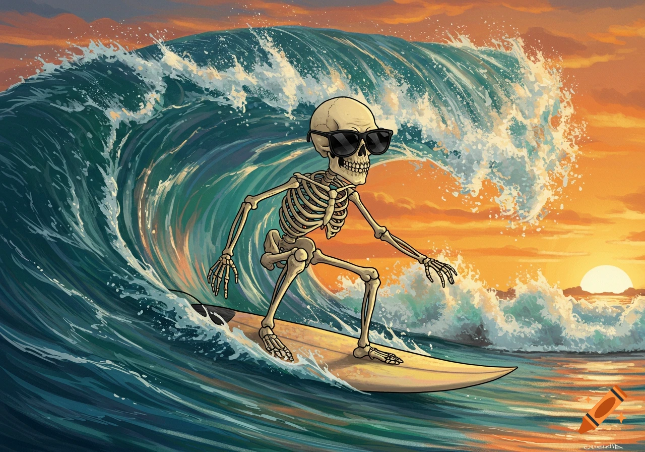 A cartoon skeleton wearing sunglasses surfs a large wave at sunset, illustration.