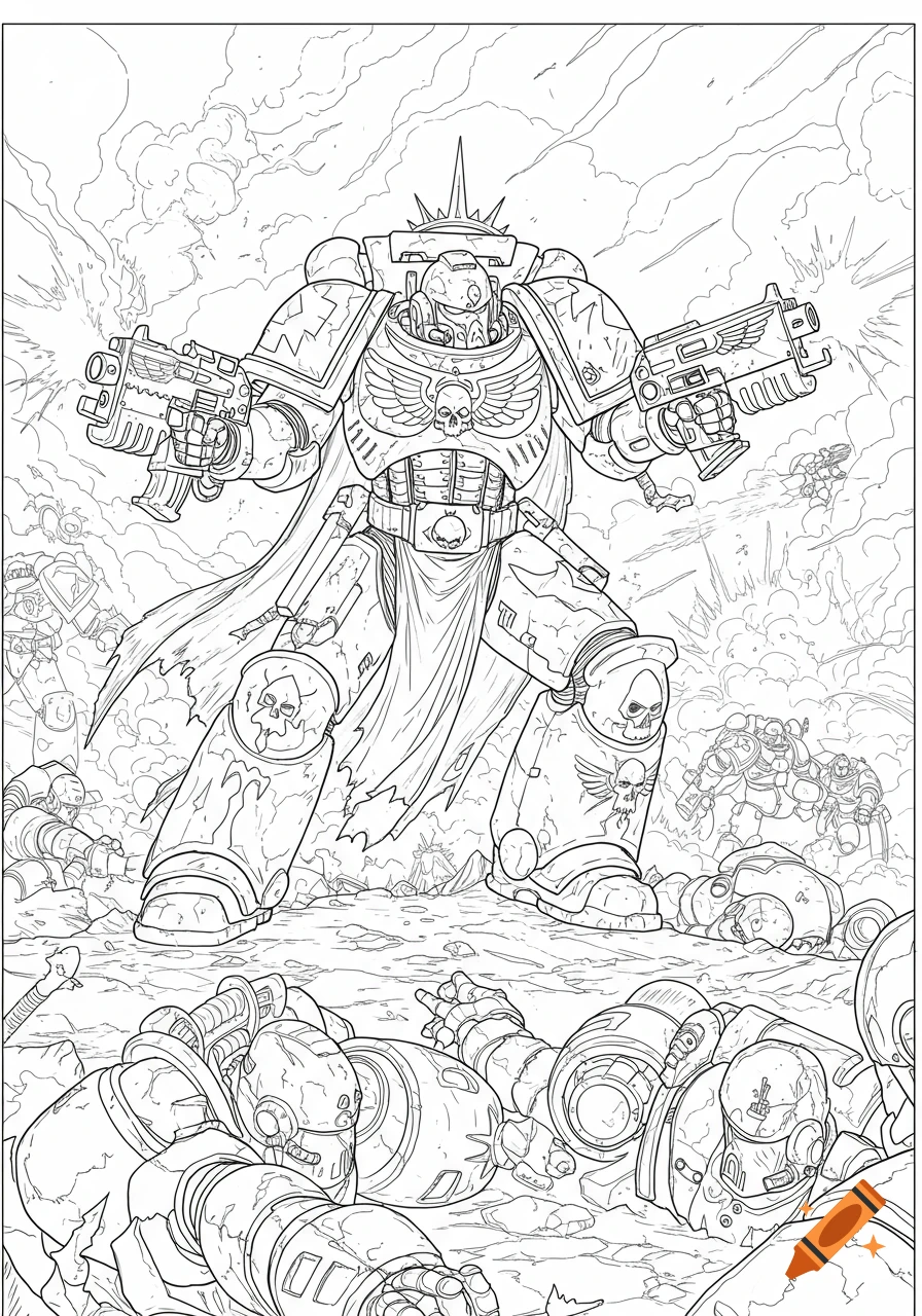 Line drawing of a space marine warrior with two guns standing over fallen foes in a battle scene.