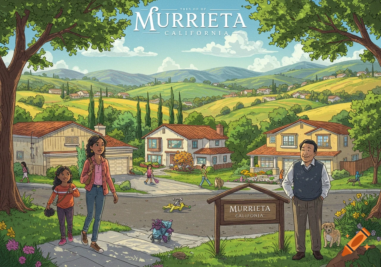An illustration shows a family standing in a neighborhood street near a sign for Murrieta, California, with rolling hills in the background.