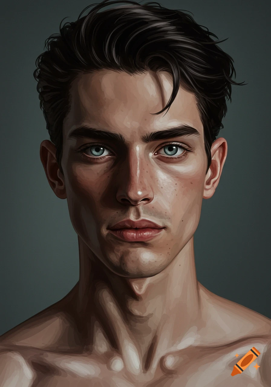 Close-up digital art portrait of a man with dark hair and light eyes.