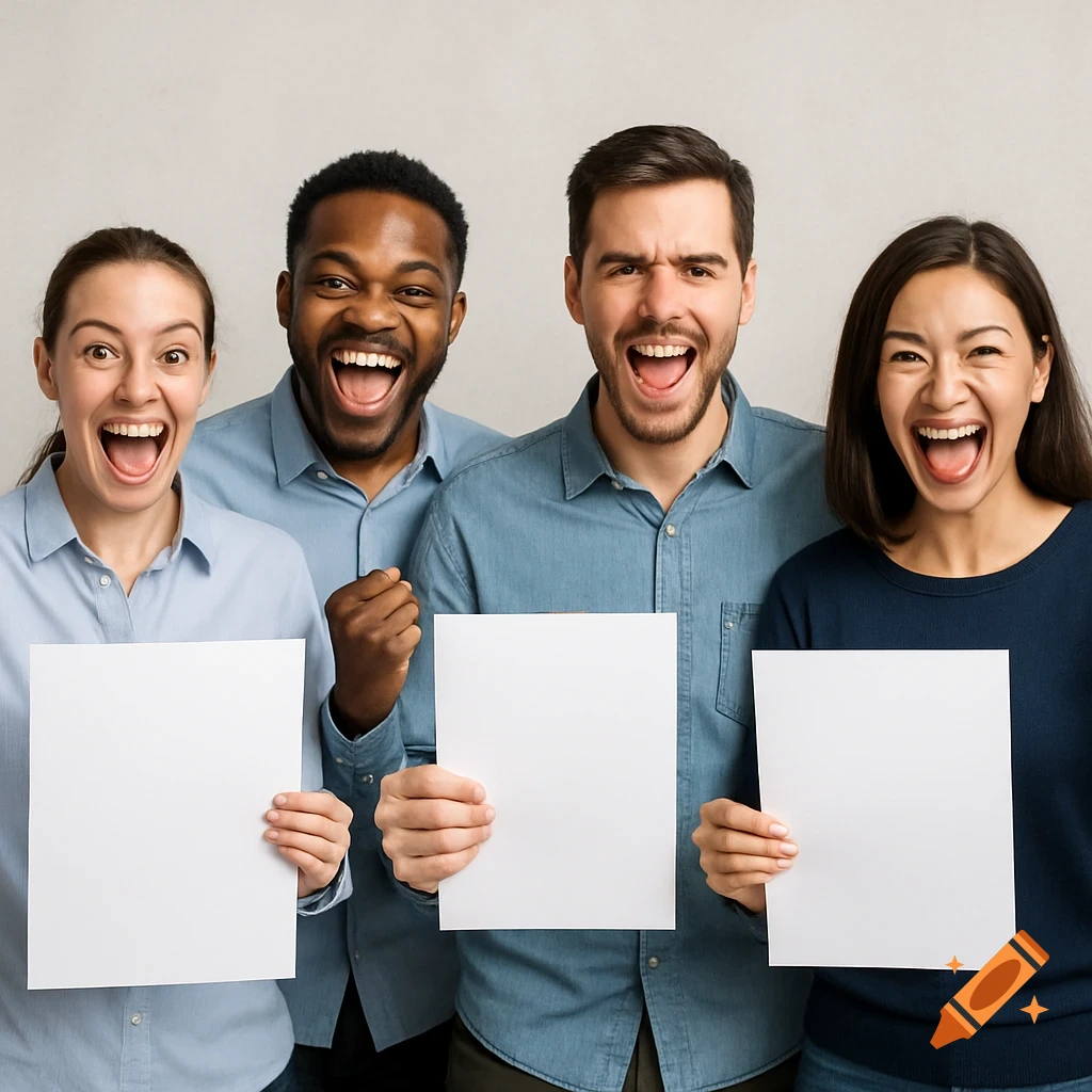 Four diverse people smiling and holding blank papers in front of them.