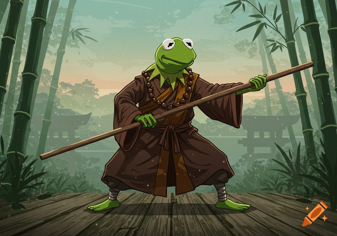 Kermit the Frog dressed as a monk, holding a staff, in a bamboo forest