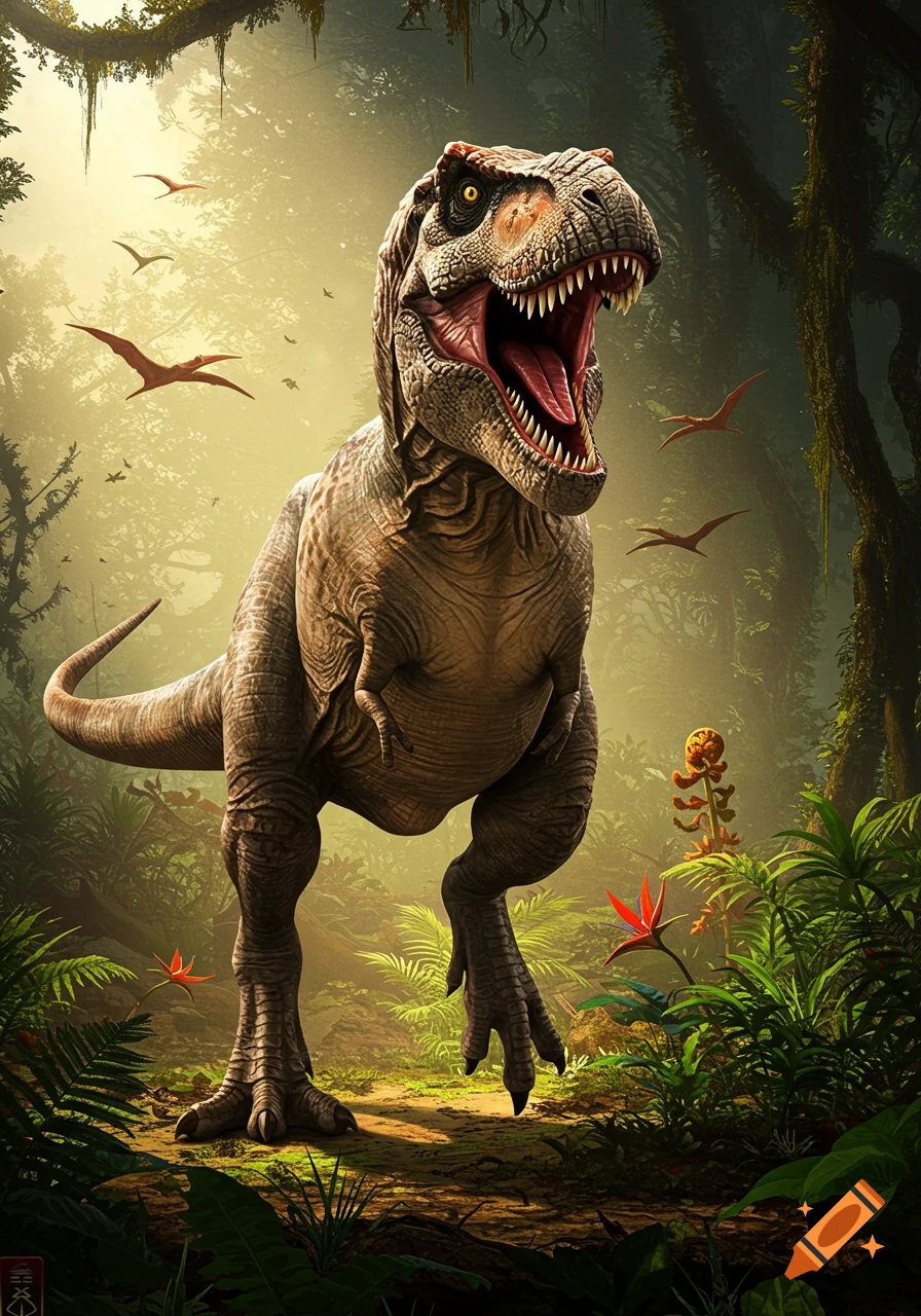 A detailed, realistic Tyrannosaurus Rex stands in a sunlit jungle clearing, roaring with its mouth open, surrounded by lush plants and flying pterodactyls.