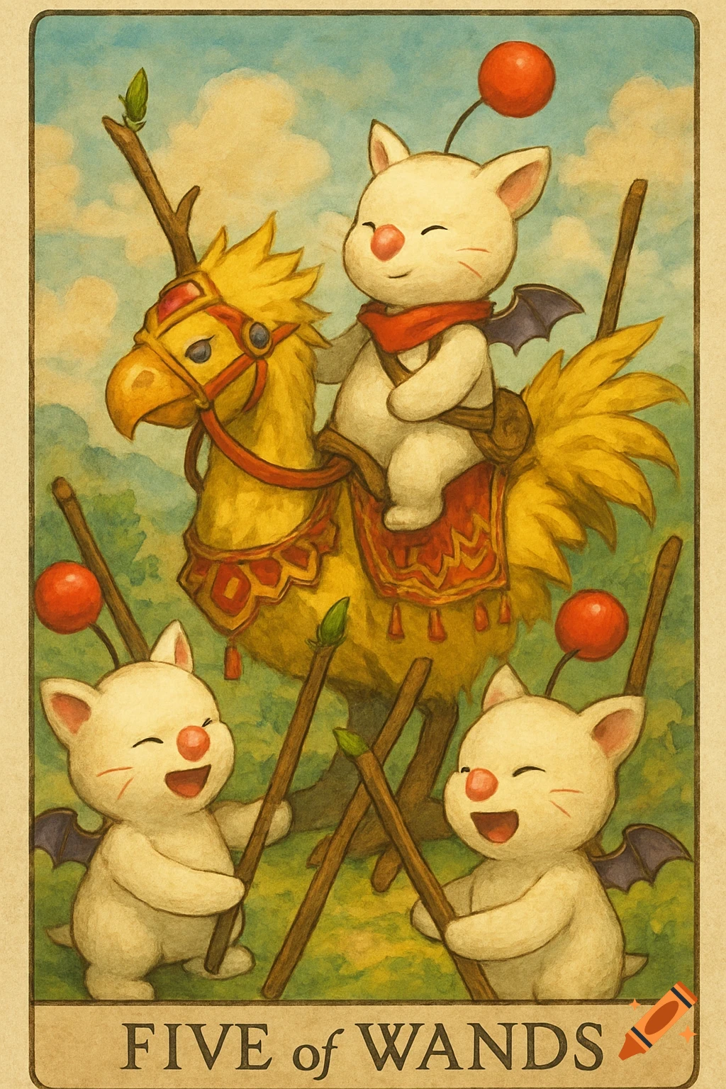Five of Wands tarot card featuring Moogles and a Chocobo illustration.