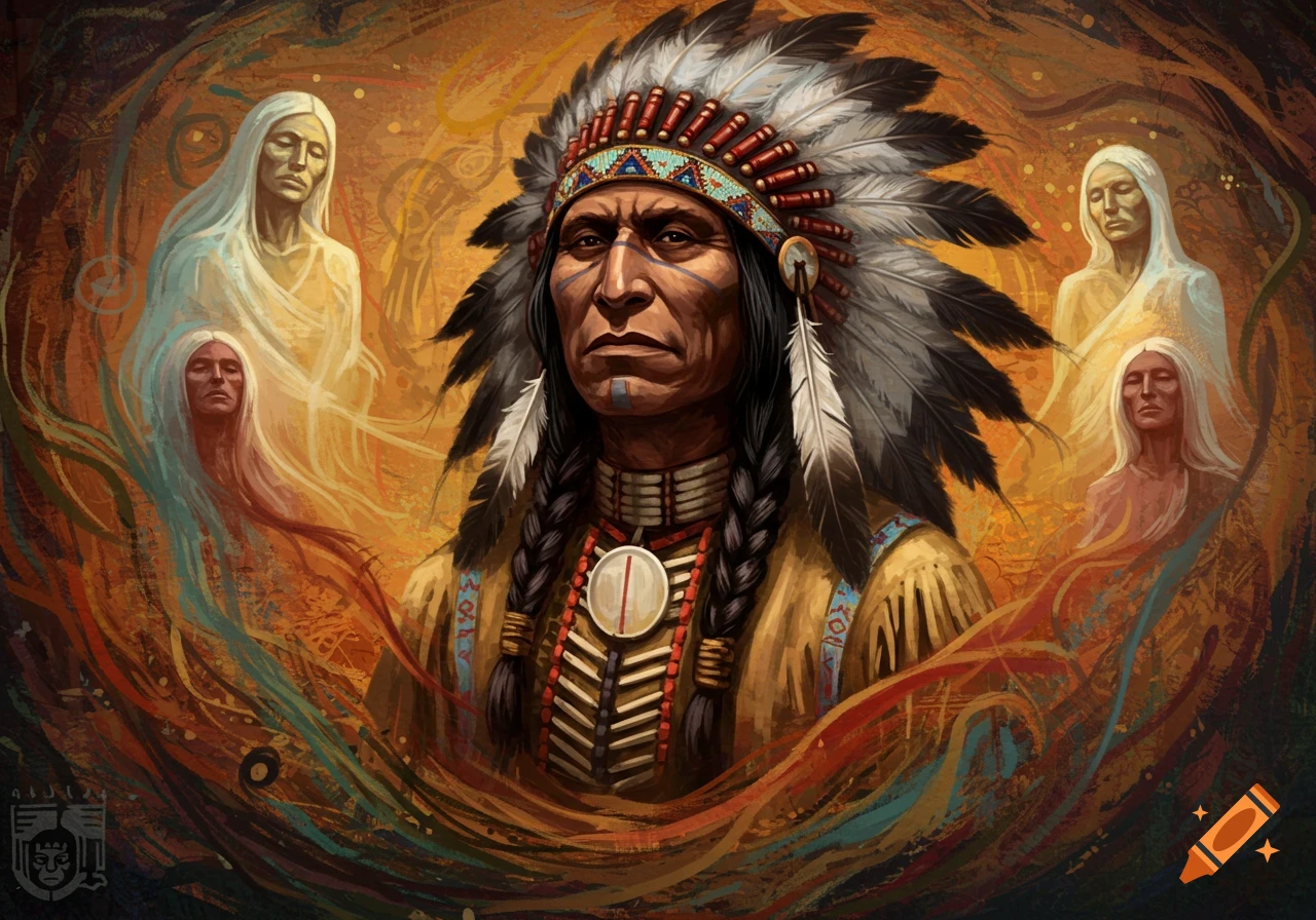 Digital painting of a Native American chief surrounded by spirits.