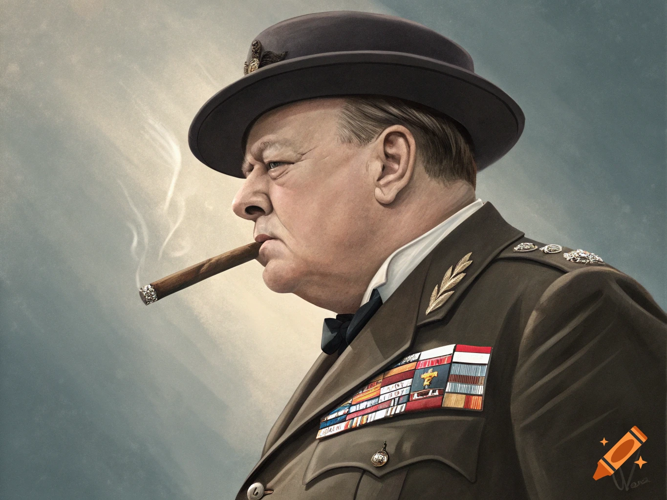Profile portrait painting of Winston Churchill in uniform smoking a cigar