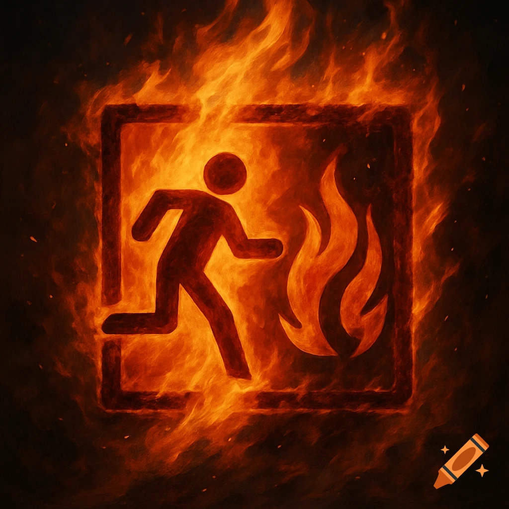 A fire exit symbol engulfed in flames.