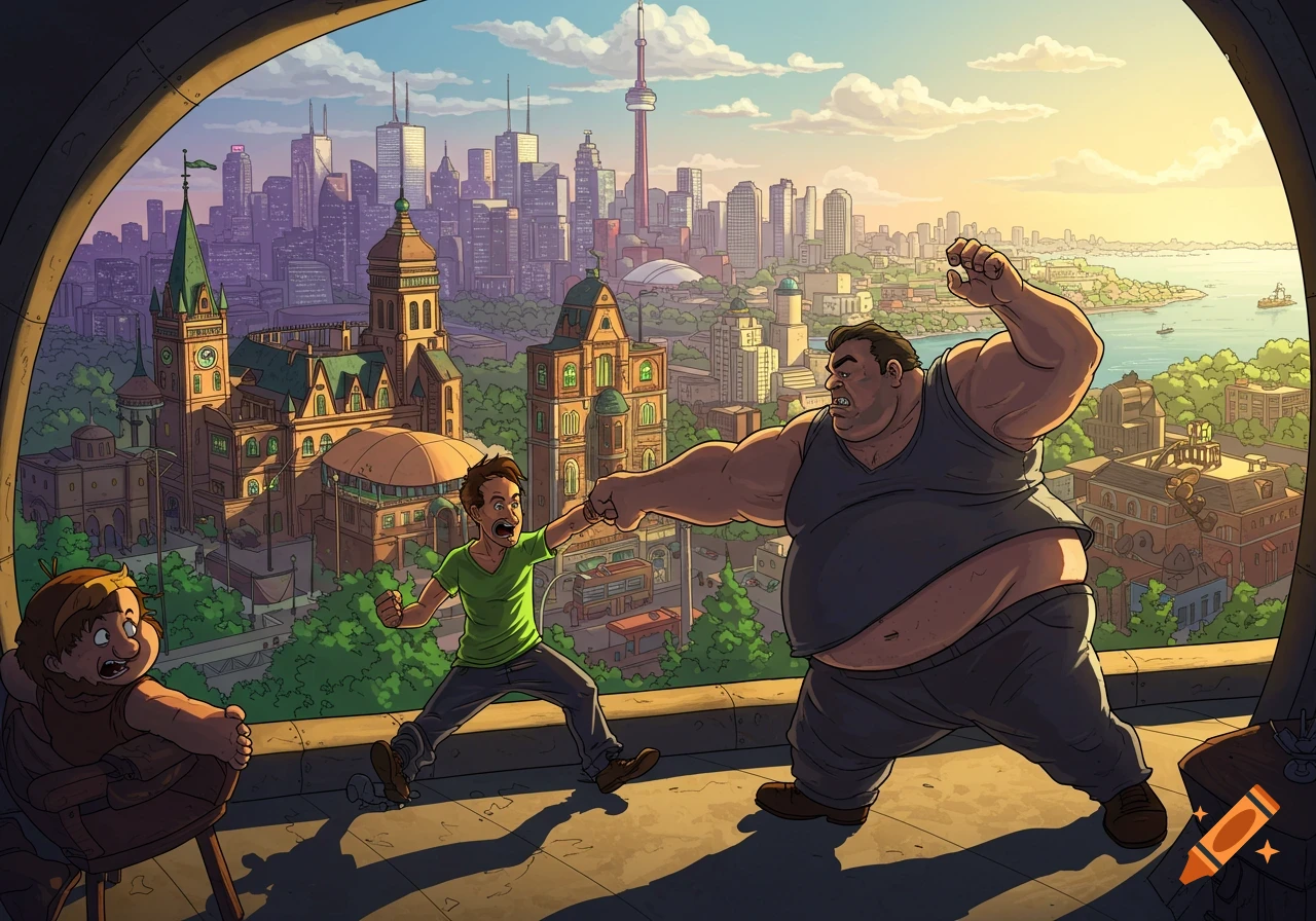 Cartoon characters fighting on a balcony overlooking a city with the CN Tower.