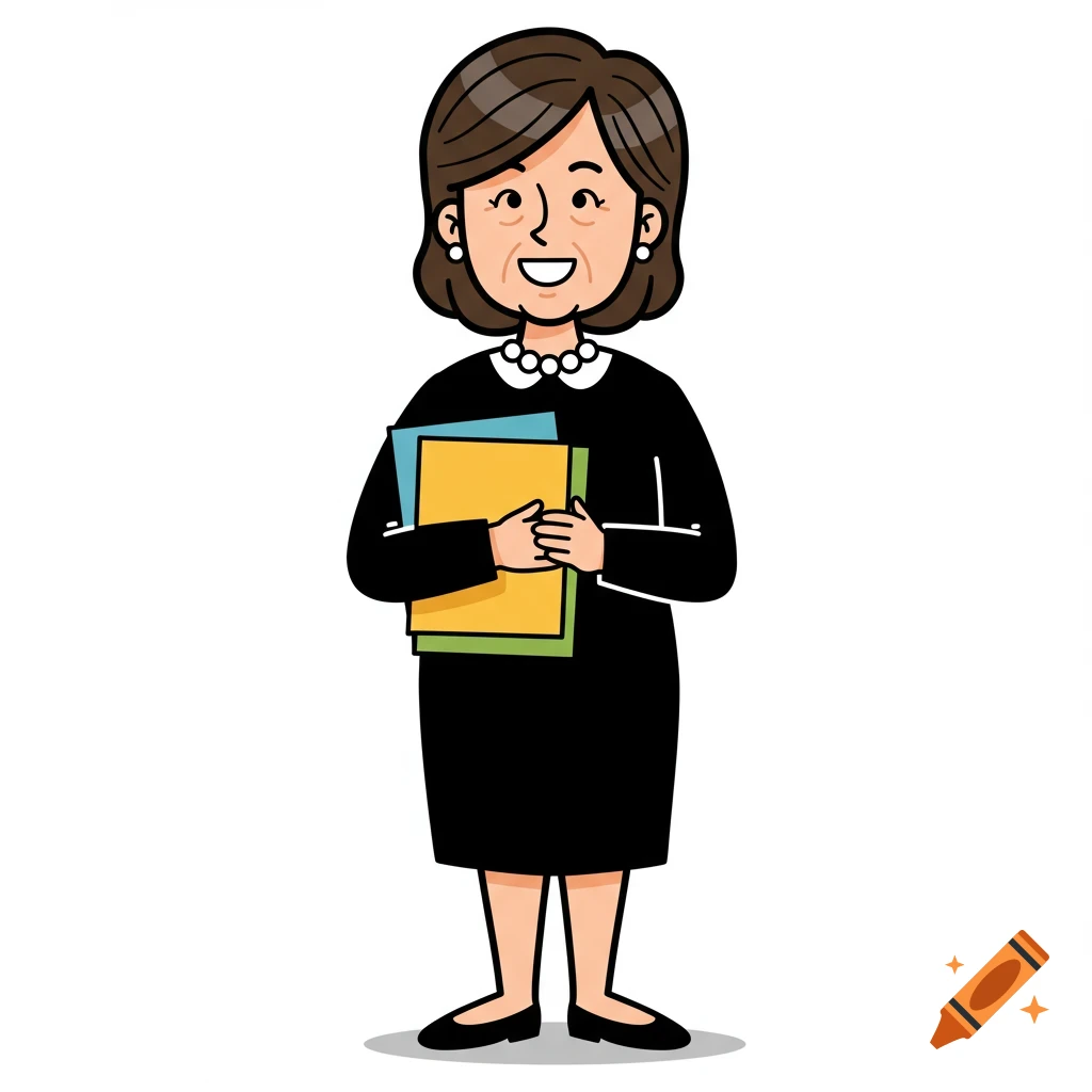 Cartoon illustration of a teacher holding books.