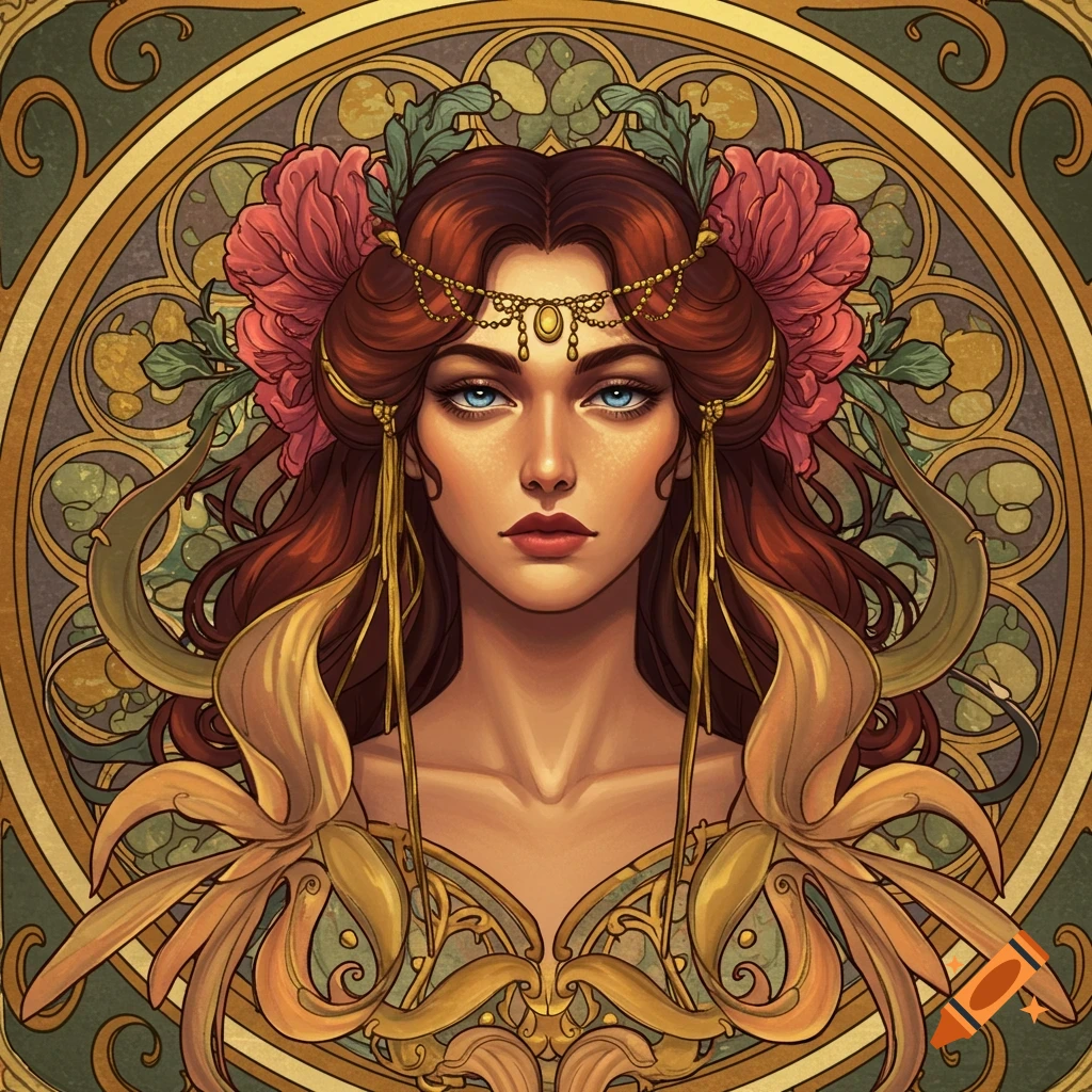 A portrait of a woman with long red hair, blue eyes, and ornate gold and floral headdress and attire in an art nouveau style.