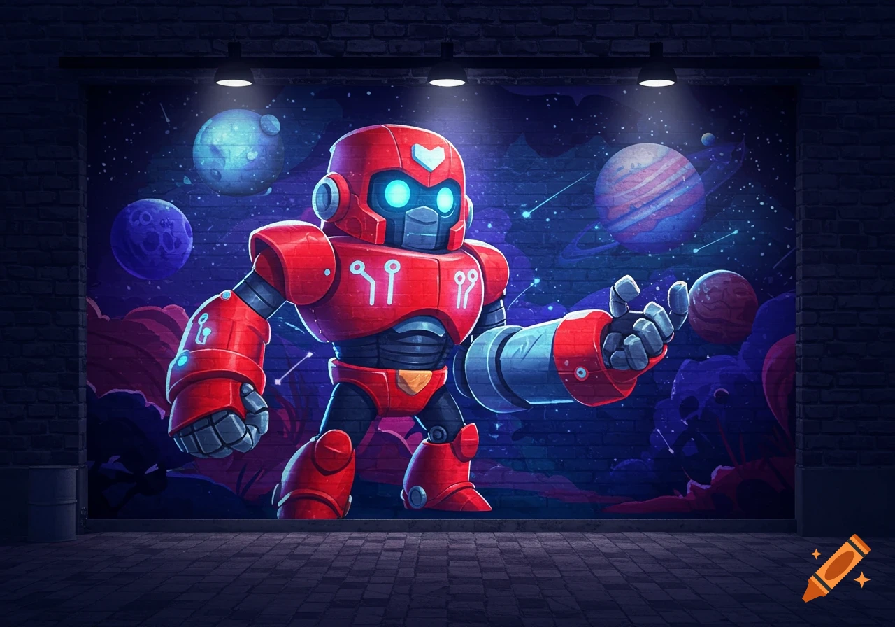 A red robot mural with planets in the background