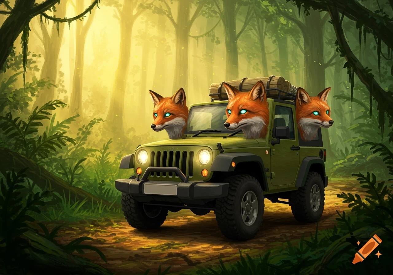 Green jeep with three fox heads driving through a sunny forest.
