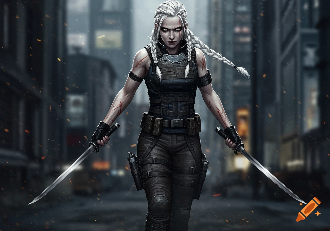Female warrior with white braids holding swords in an urban street.