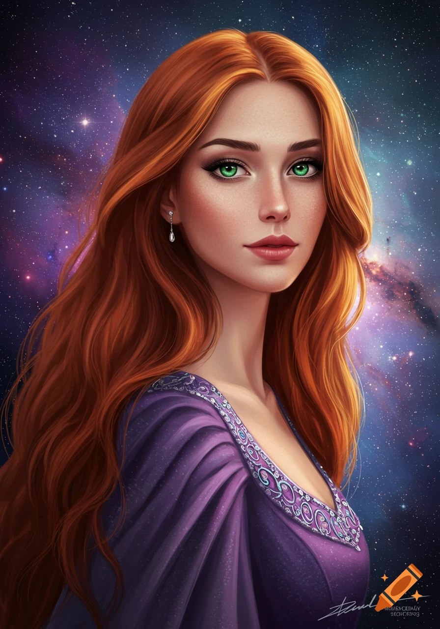 Digital painting of a woman with long red hair and green eyes wearing a ...