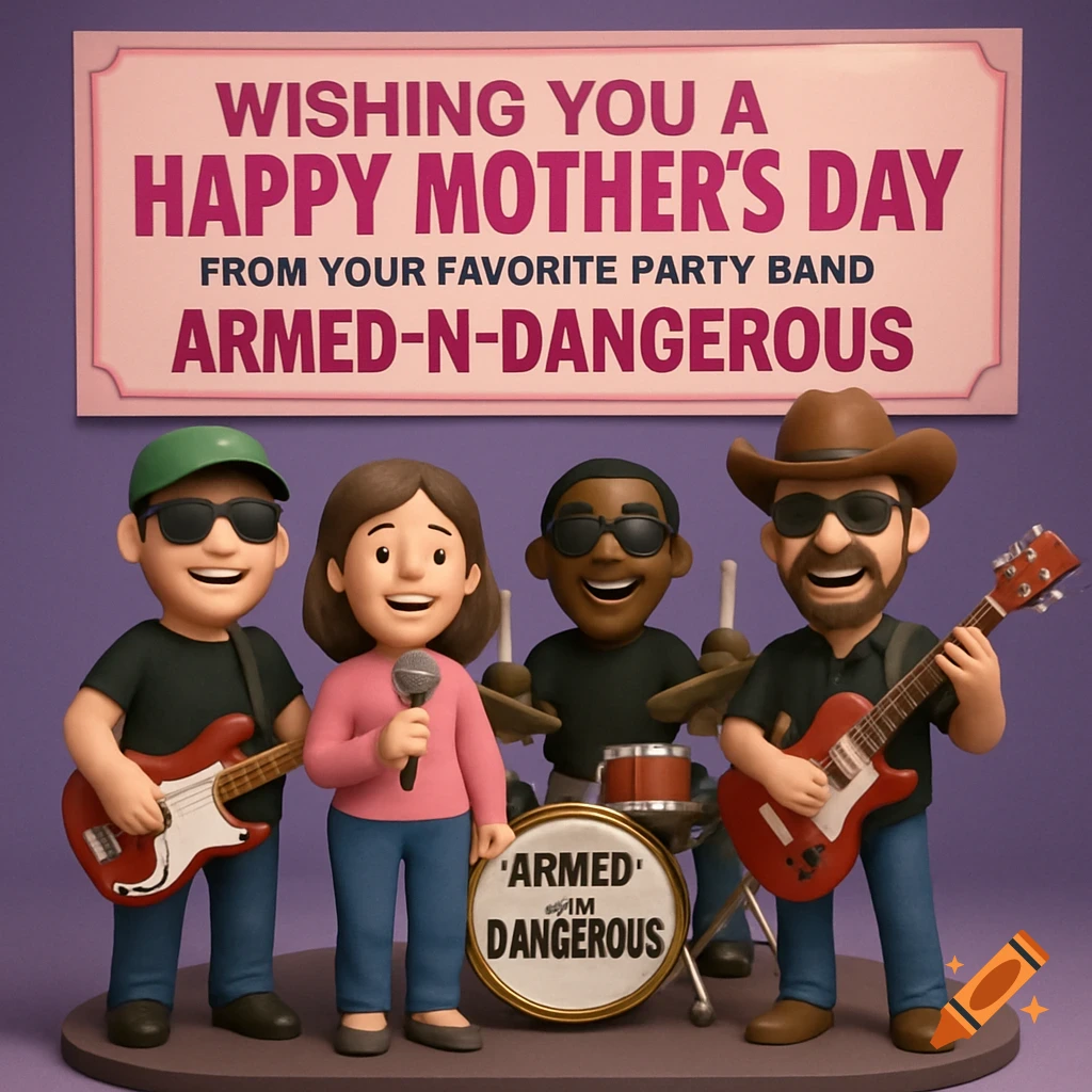 A 3D cartoon band of four people playing instruments stands under a banner wishing "Happy Mother's Day".