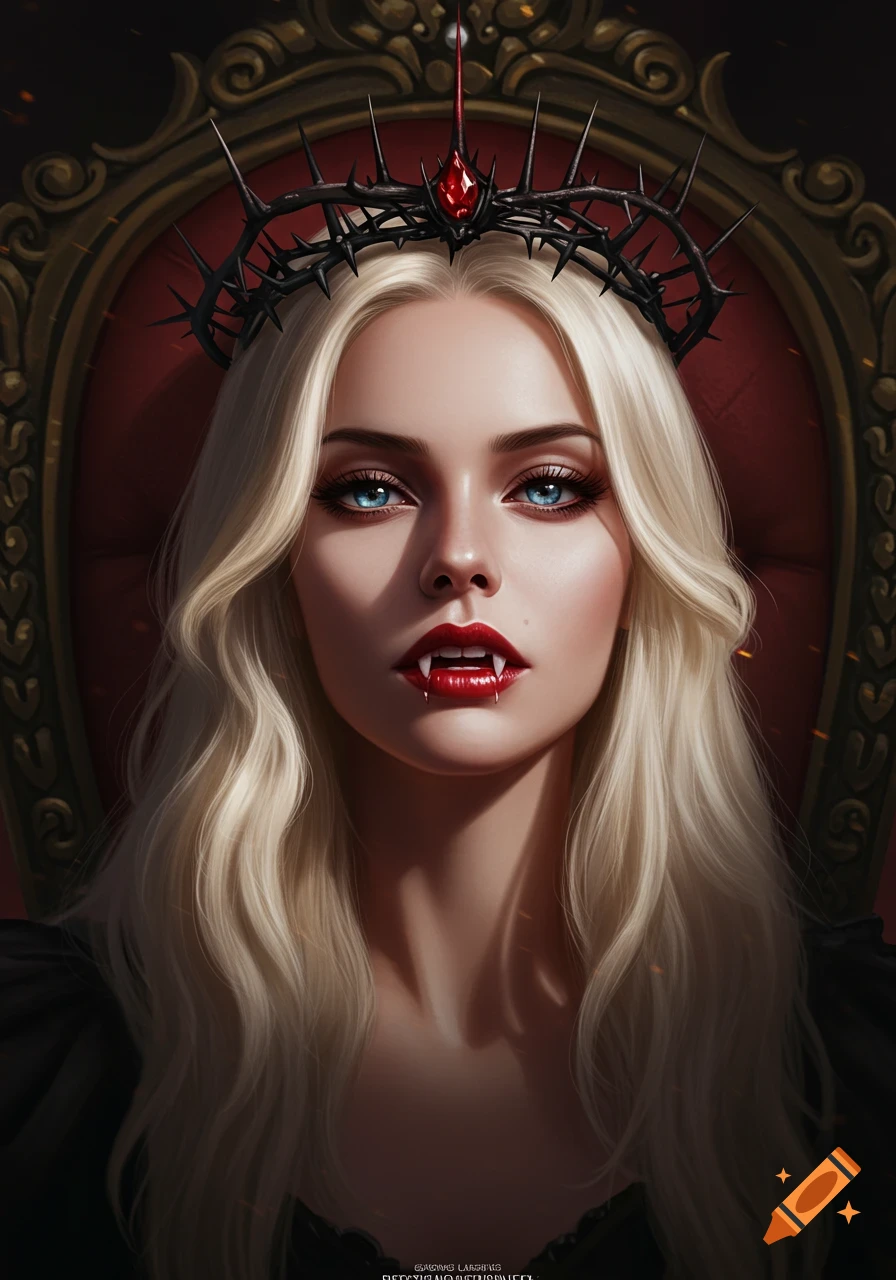 A hyperrealistic portrait of a blonde vampire queen with blue eyes and fangs, wearing a thorn crown on a throne.