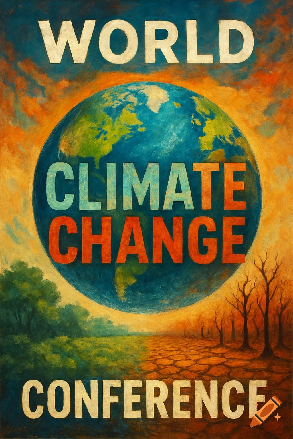 Painted poster for a world climate change conference, showing Earth above a landscape split between green trees/grass and dry cracked earth. Text reads 'WORLD CLIMATE CHANGE CONFERENCE'.