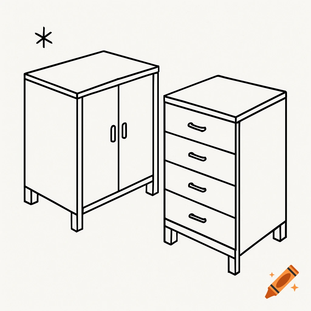 Draw Line Drawers A line drawing of a cabinet and a chest of drawers with an asterisk. on ...