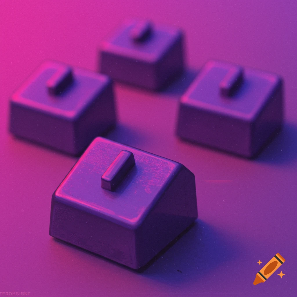 Purple objects resembling keyboard switches in a blurry, noisy style with pink and purple lighting.