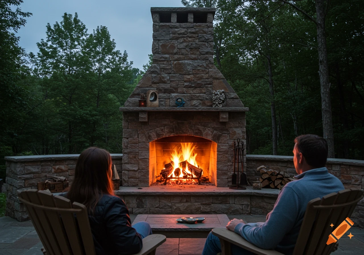 Man and woman sitting in chairs looking at a large stone outdoor fireplace with a fire at dusk