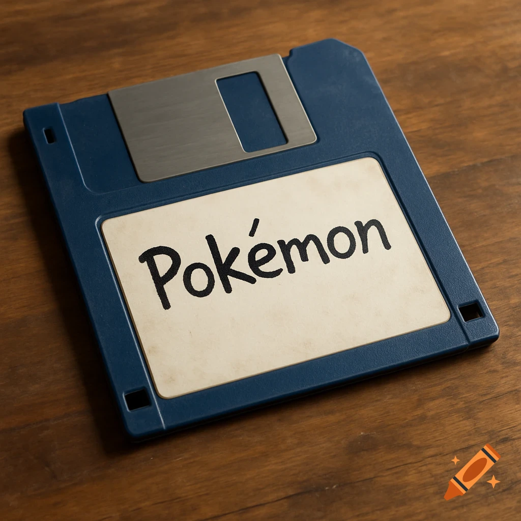A blue floppy disk with the word Pokémon on the label rests on a wooden table.