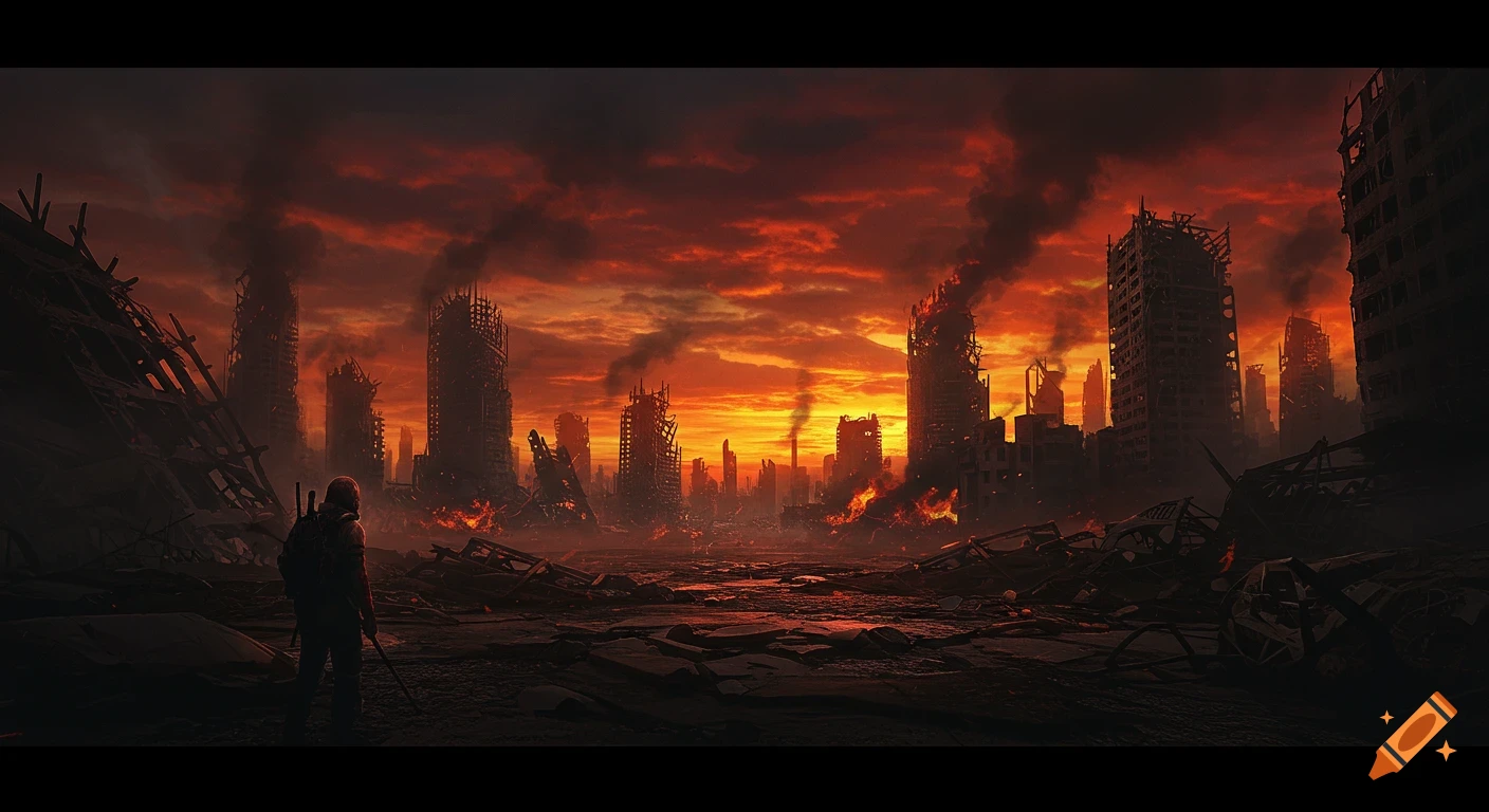 Lone figure surveys a destroyed city under a fiery red apocalyptic sky, digital art.