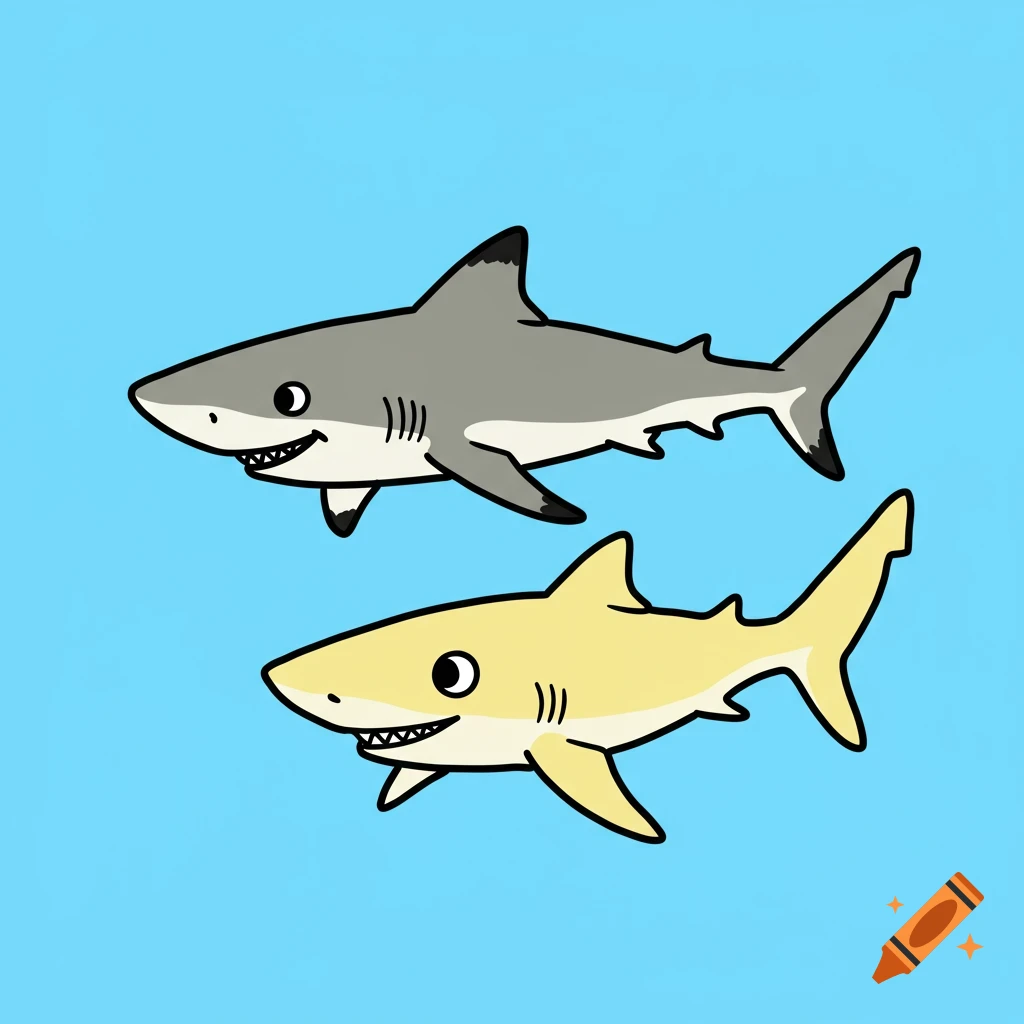 Simple cartoon of a grey shark above a yellow shark on a blue background.