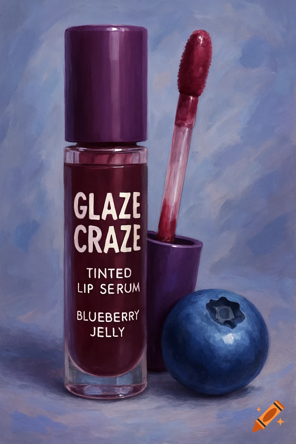 Still life painting of a lip serum bottle next to a blueberry.