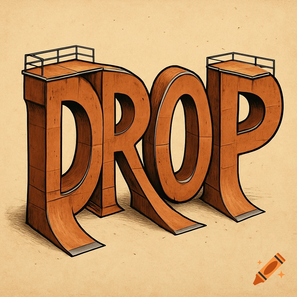The word DROP formed from wooden skate ramps in an illustration style ...