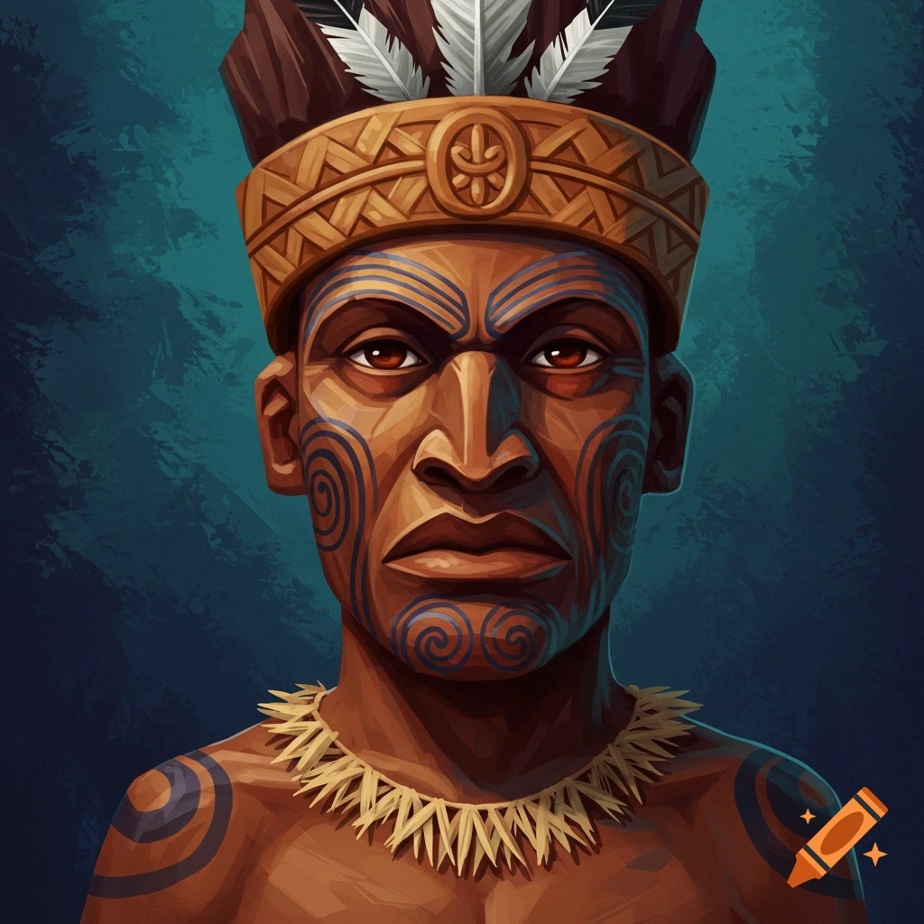 Stylized portrait of a person with tribal face and body markings, wearing a feathered headpiece and necklace.