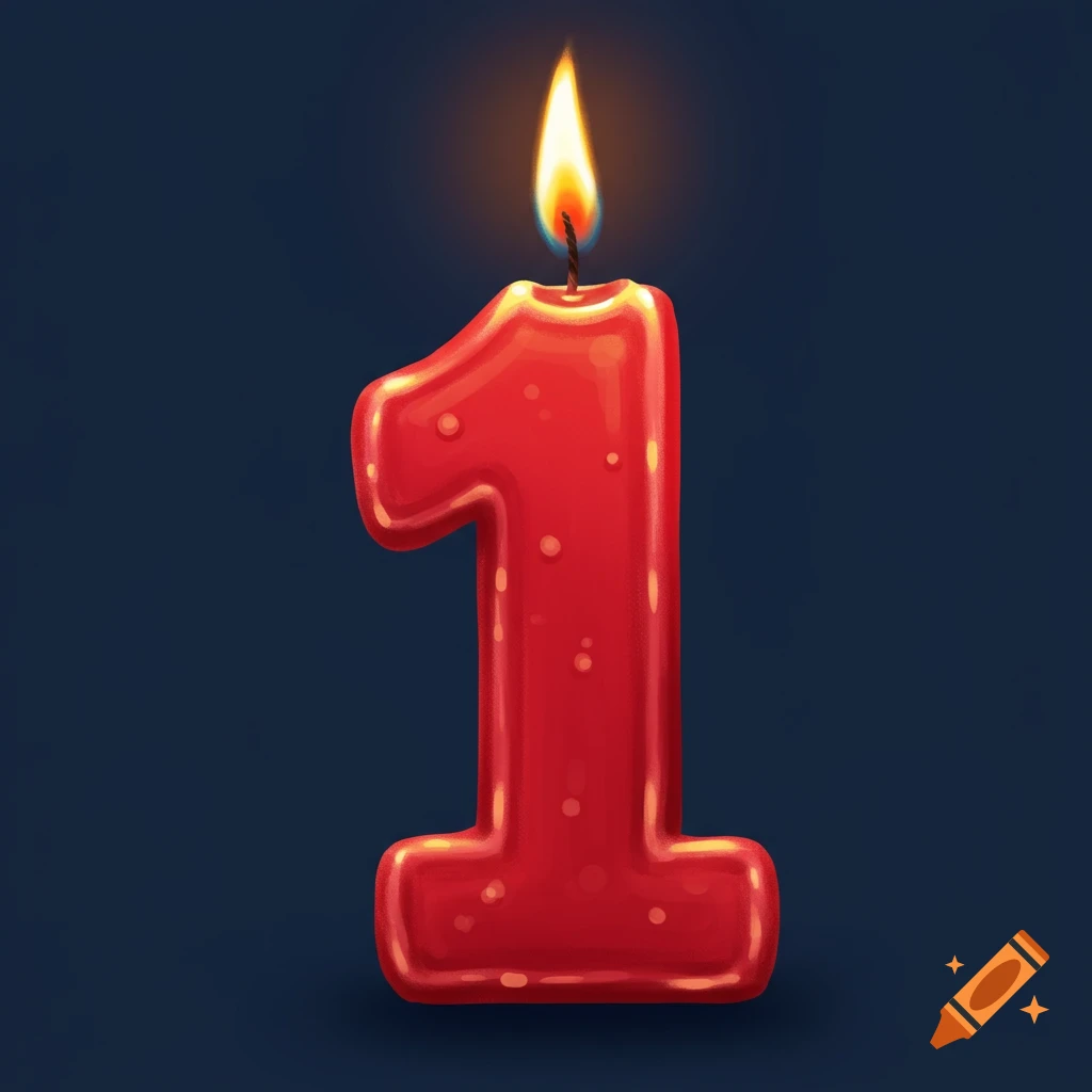 Red number one birthday candle with a lit flame on a dark background.