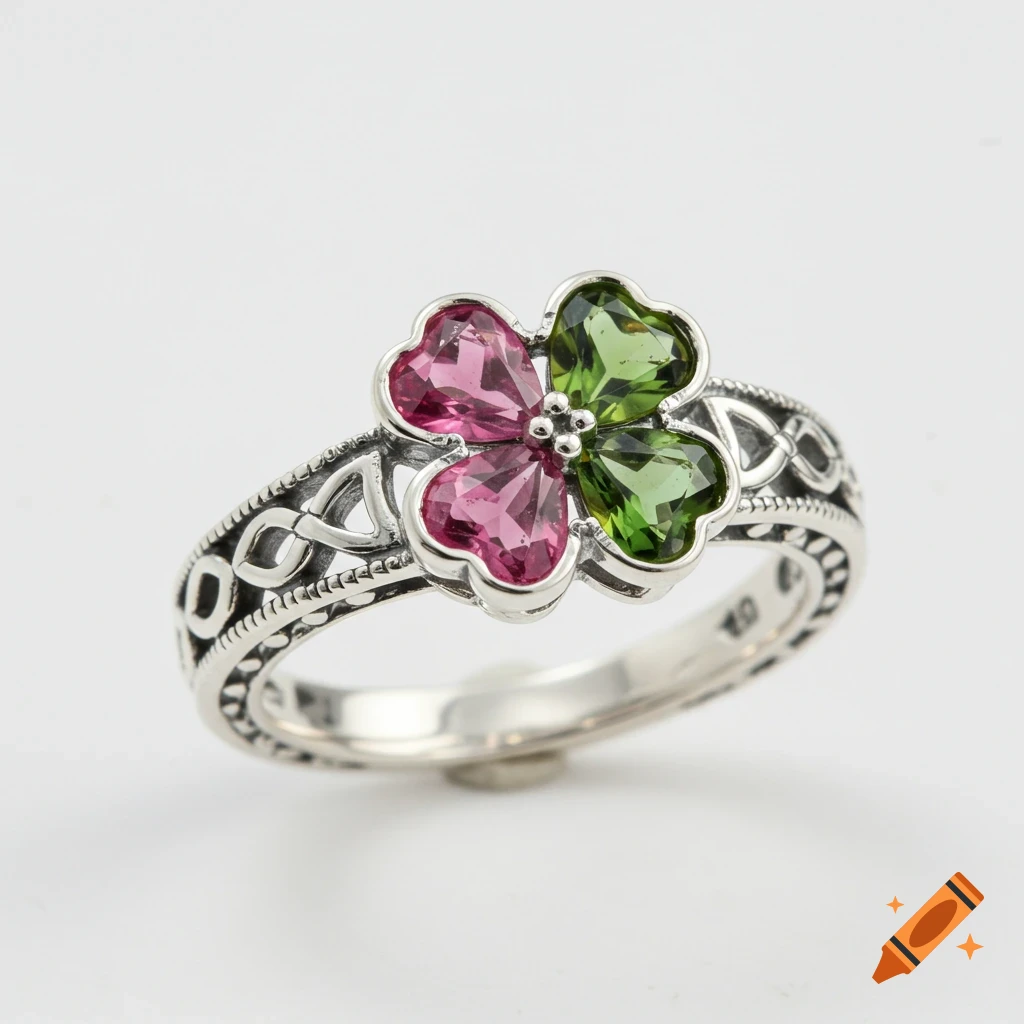 Silver ring with pink and green tourmaline stones forming a clover design.