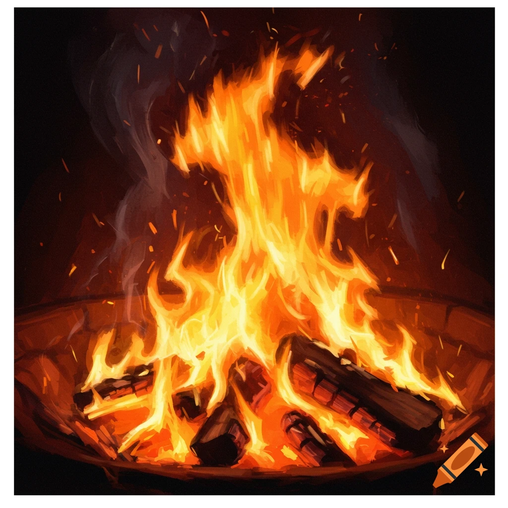 A close-up view of a roaring fire in a fire pit with sparks flying.