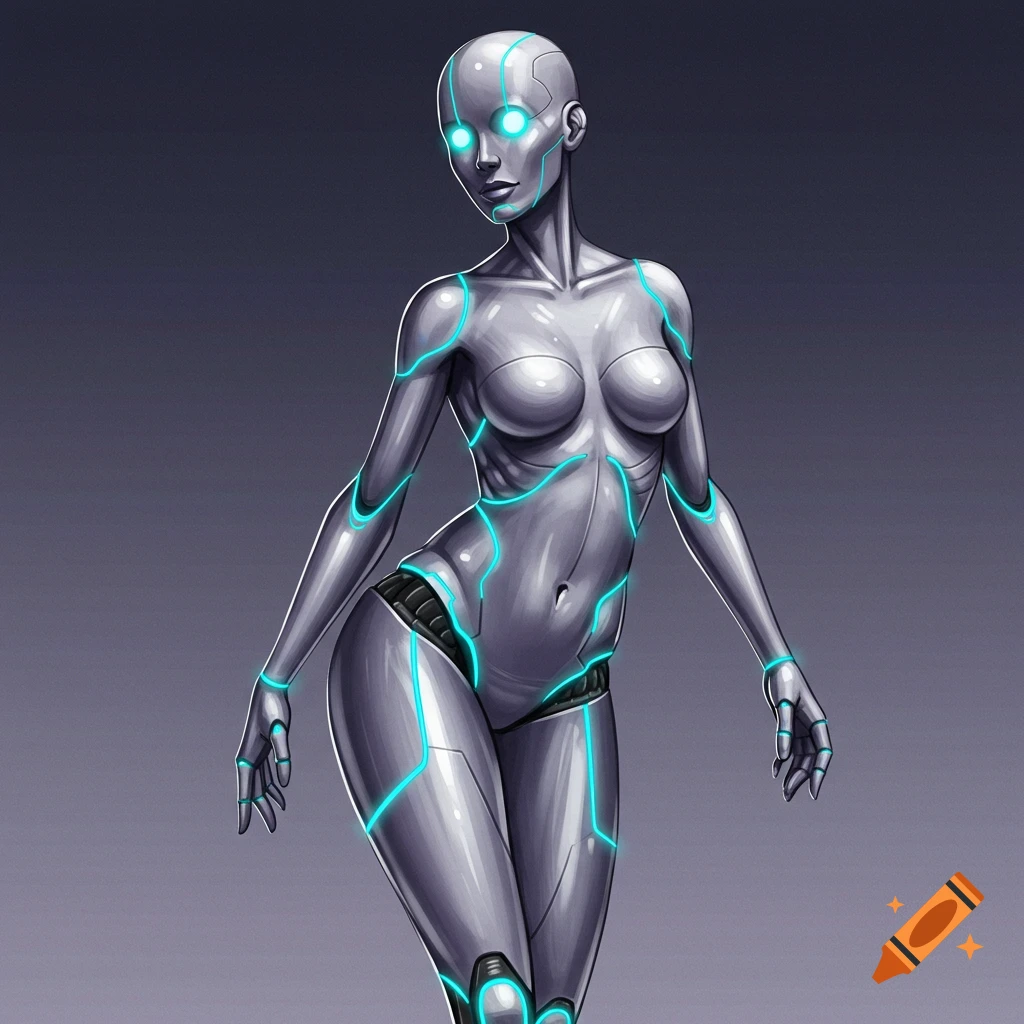 A futuristic metallic female robot with glowing blue lines and eyes stands.