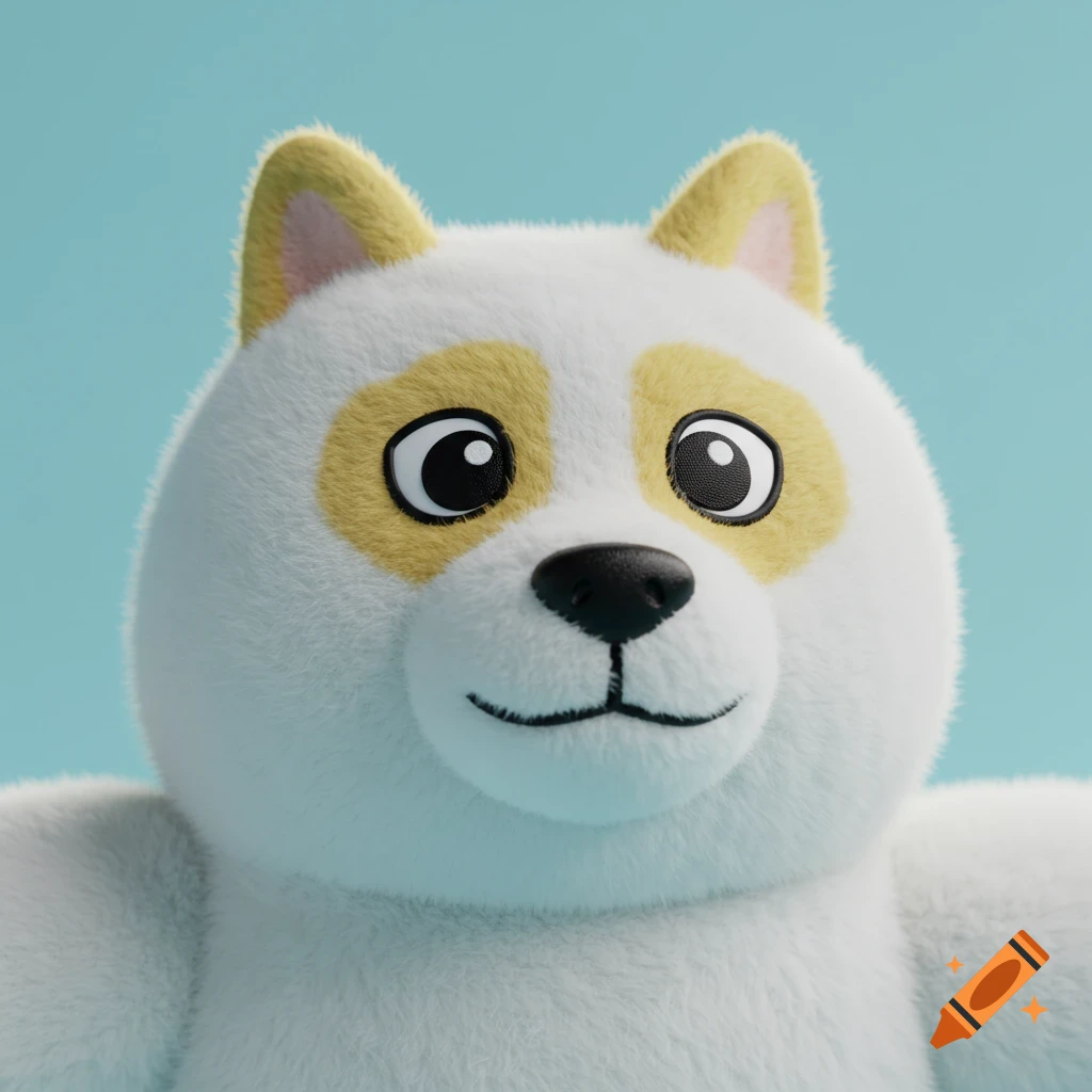 Close-up of a fluffy white and yellow cartoon dog plush toy on a blue background.