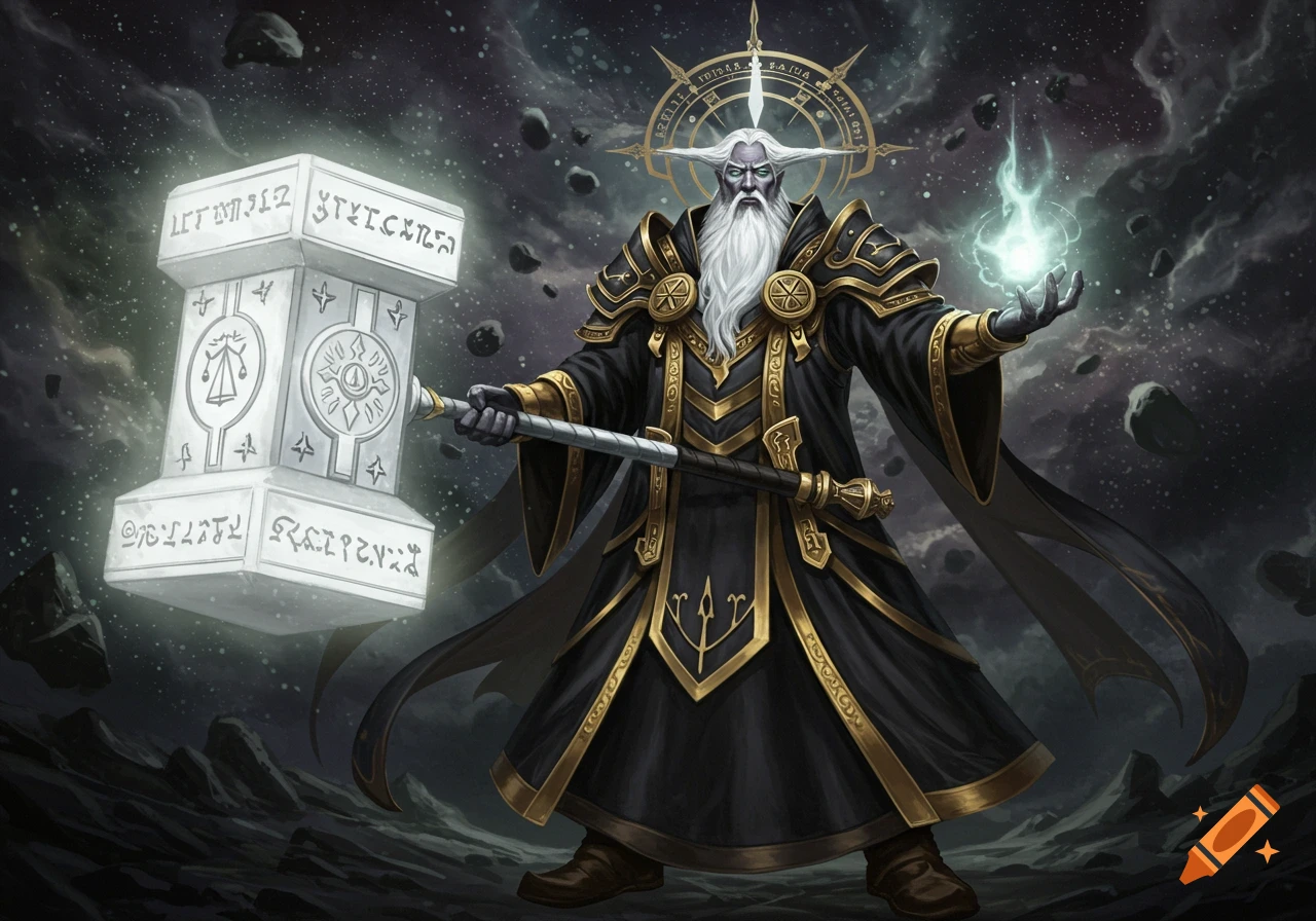A grey-bearded fantasy god in black and gold robes holds a glowing hammer in a cosmic landscape.