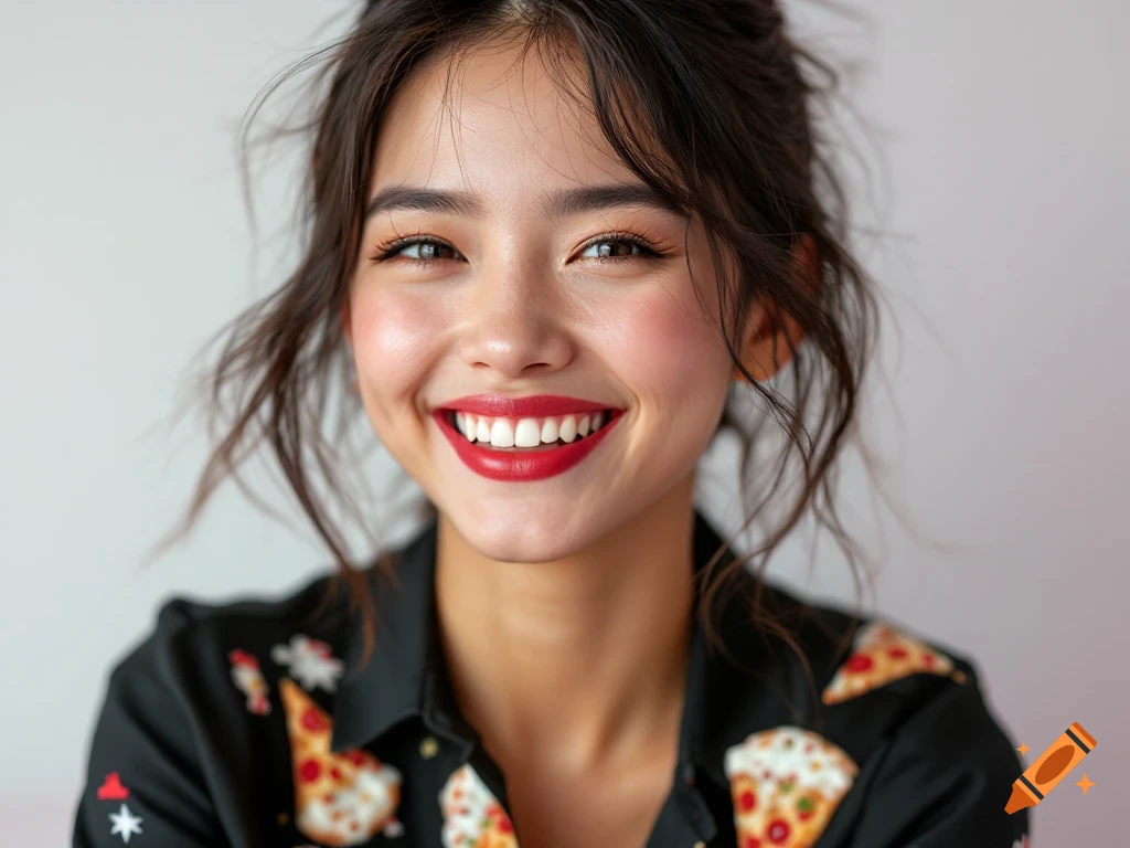Close-up photorealistic portrait of a smiling young woman with red lipstick and a shirt patterned with pizza slices.