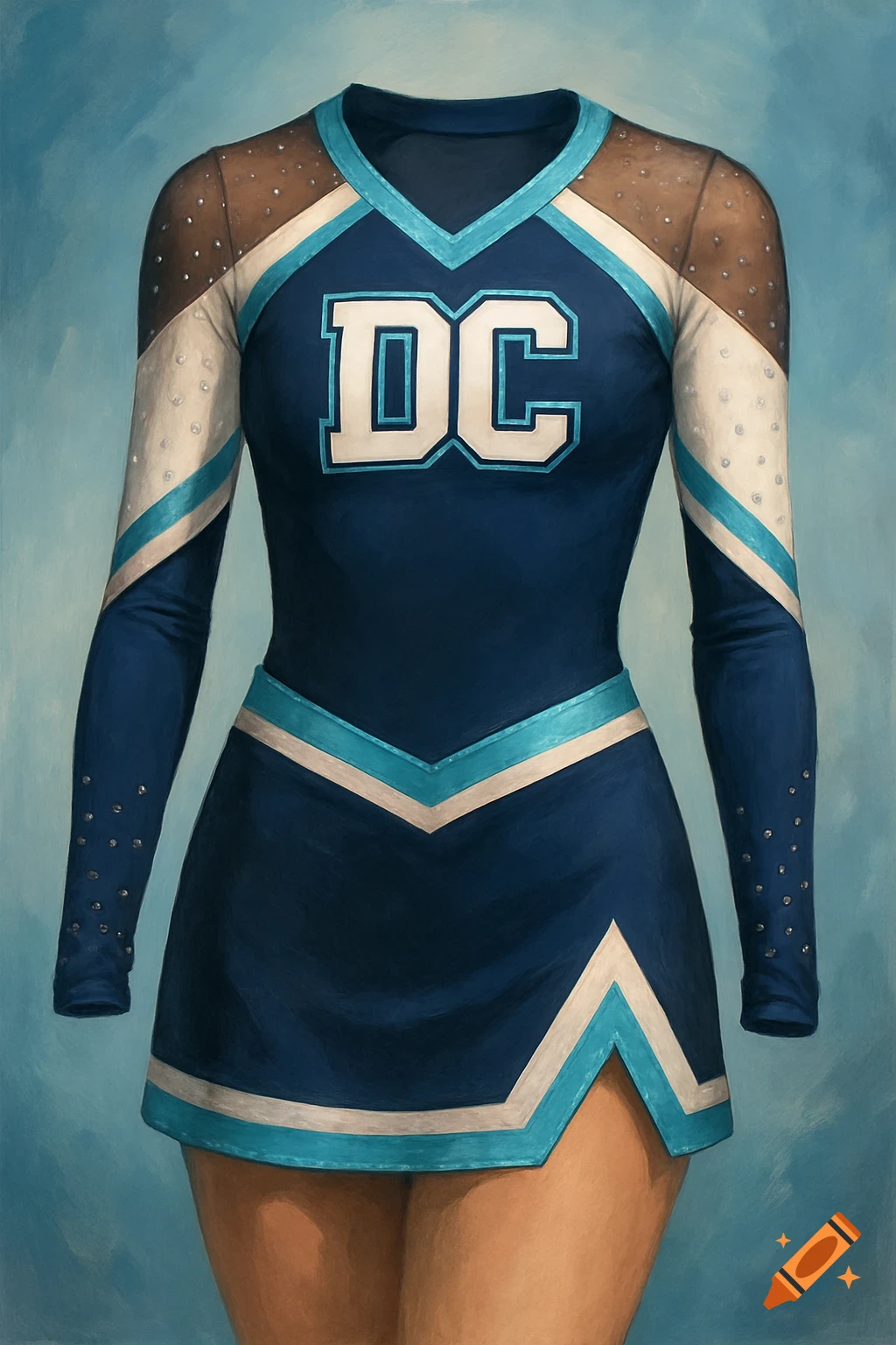 A blue and white cheerleader uniform with 'DC' on the chest, in a painted style.