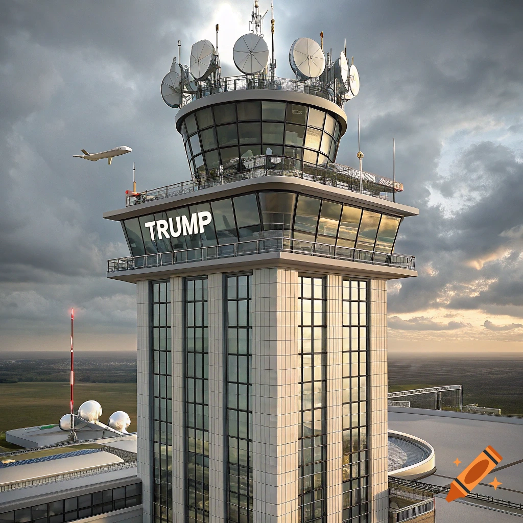 A photorealistic image of an air traffic control tower with the word "TRUMP" on it, as an airplane flies nearby under a cloudy sky.