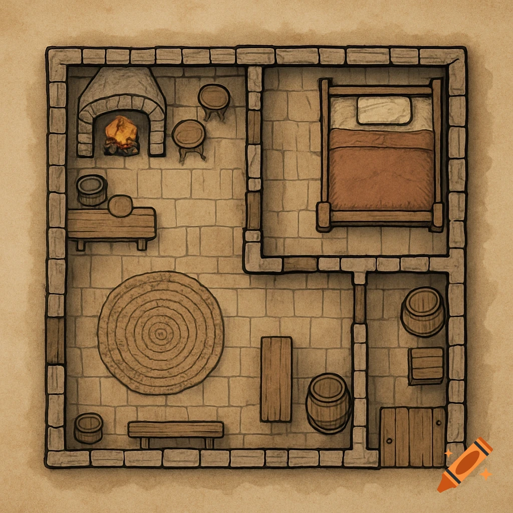 A top-down floor plan illustration of a simple medieval house with a fireplace, bed, table, and barrels.