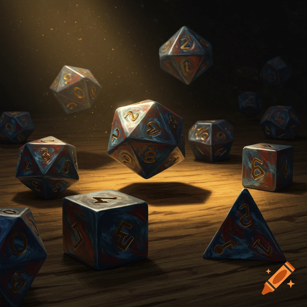 Several gaming dice, including a floating d20, scattered on a wooden table with dramatic lighting.