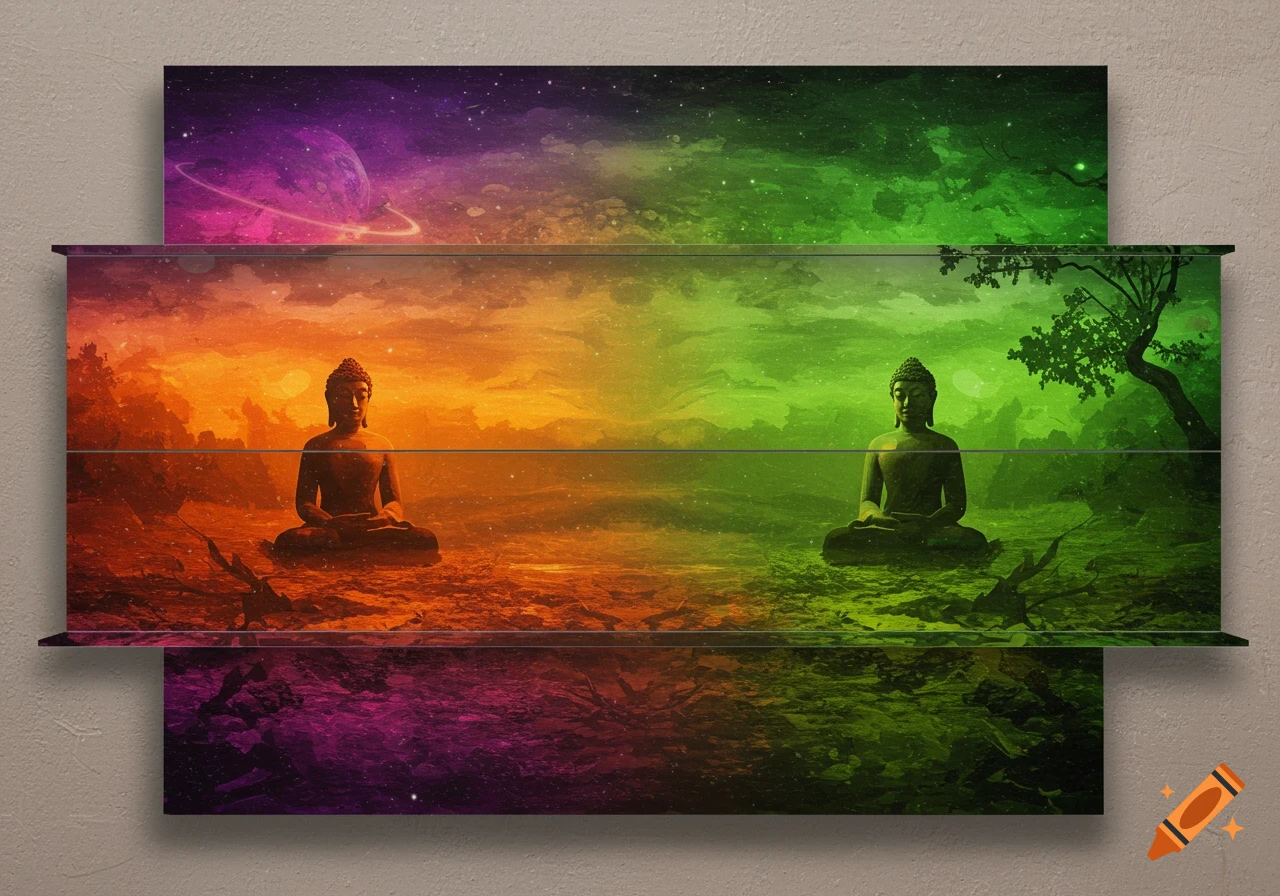 Two Buddha statues meditate in a vibrant, split landscape of orange and green with a cosmic sky, presented on layered shelves.