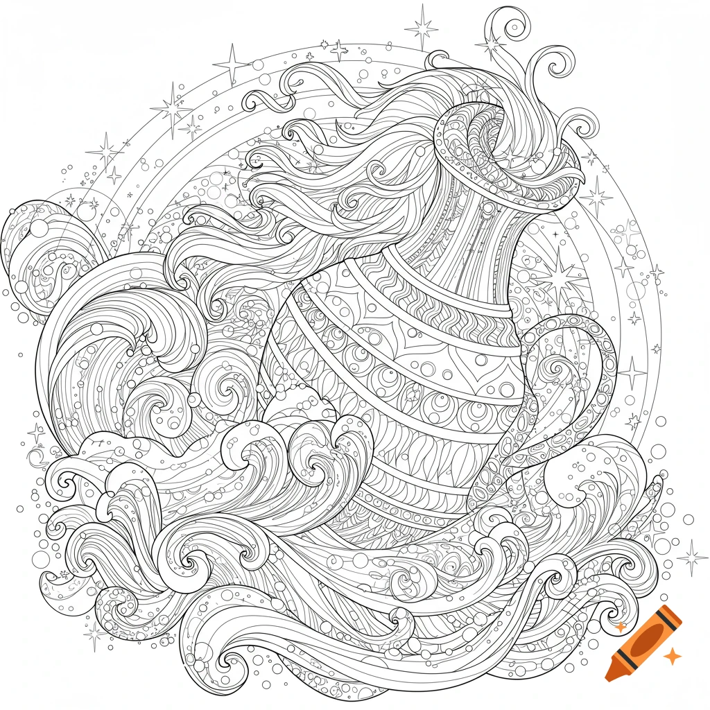 Black and white line drawing of a decorative jug pouring water into waves, with stars and celestial elements.