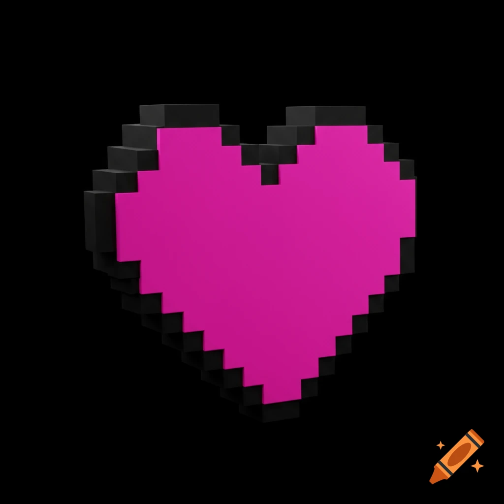 A 3D pixel art heart in hot pink and black.