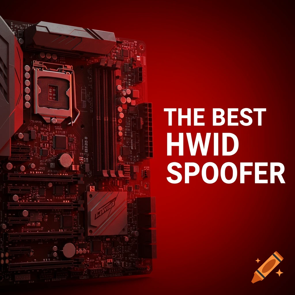Motherboard with white text 'THE BEST HWID SPOOFER' on a red background.